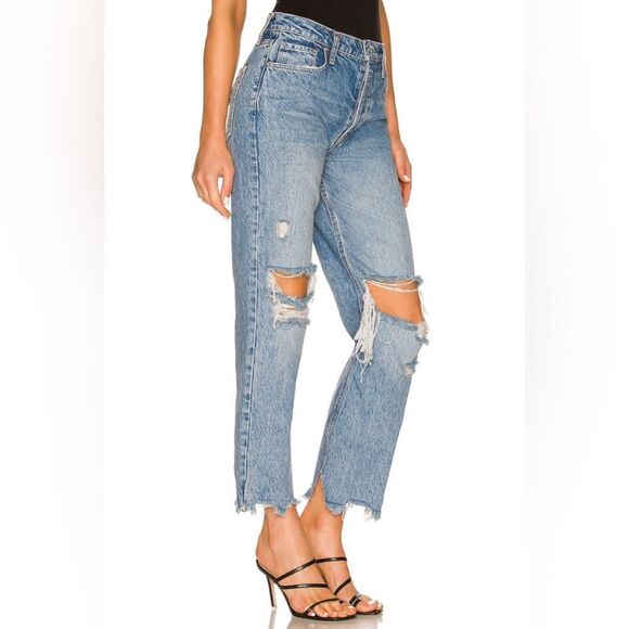 Free People Blue Boyfriend Jeans with Distressed Cropped Style - Picture 2 of 5